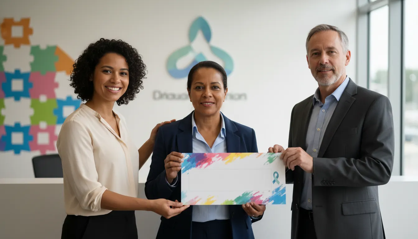 Charity organization representatives receiving donation check for child protection programs