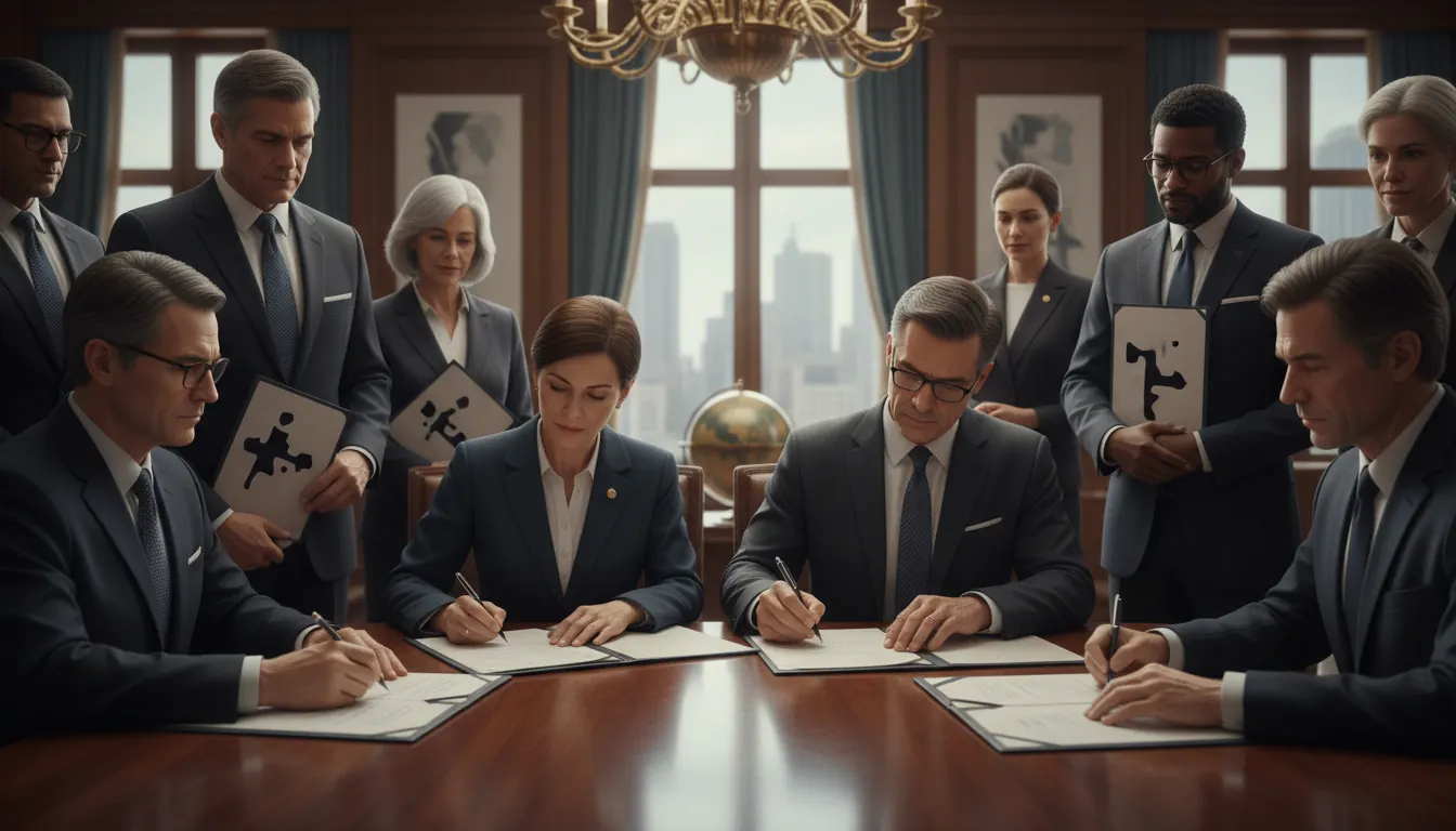 Government officials signing international child protection legislation documents