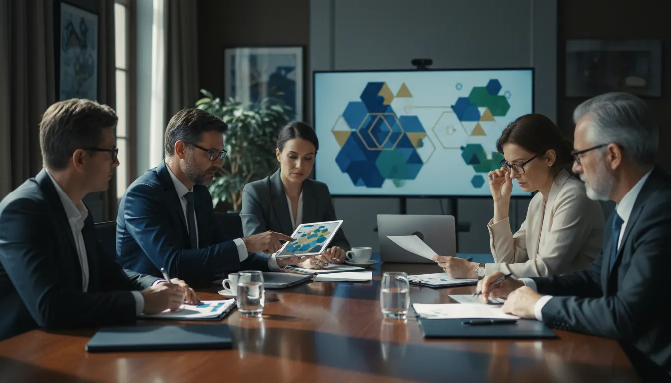 Casino industry representatives reviewing corporate social responsibility policies and ethical compliance frameworks at boardroom meeting