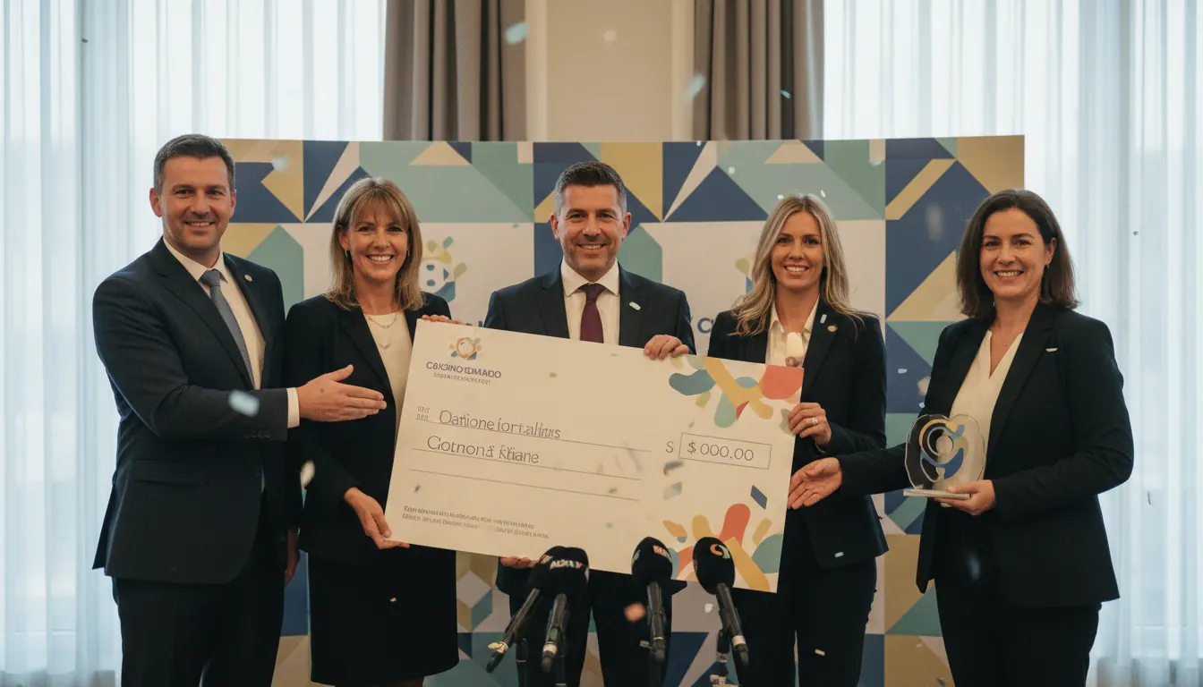 Casino industry executives presenting ceremonial donation check to child protection charity representatives at formal partnership announcement