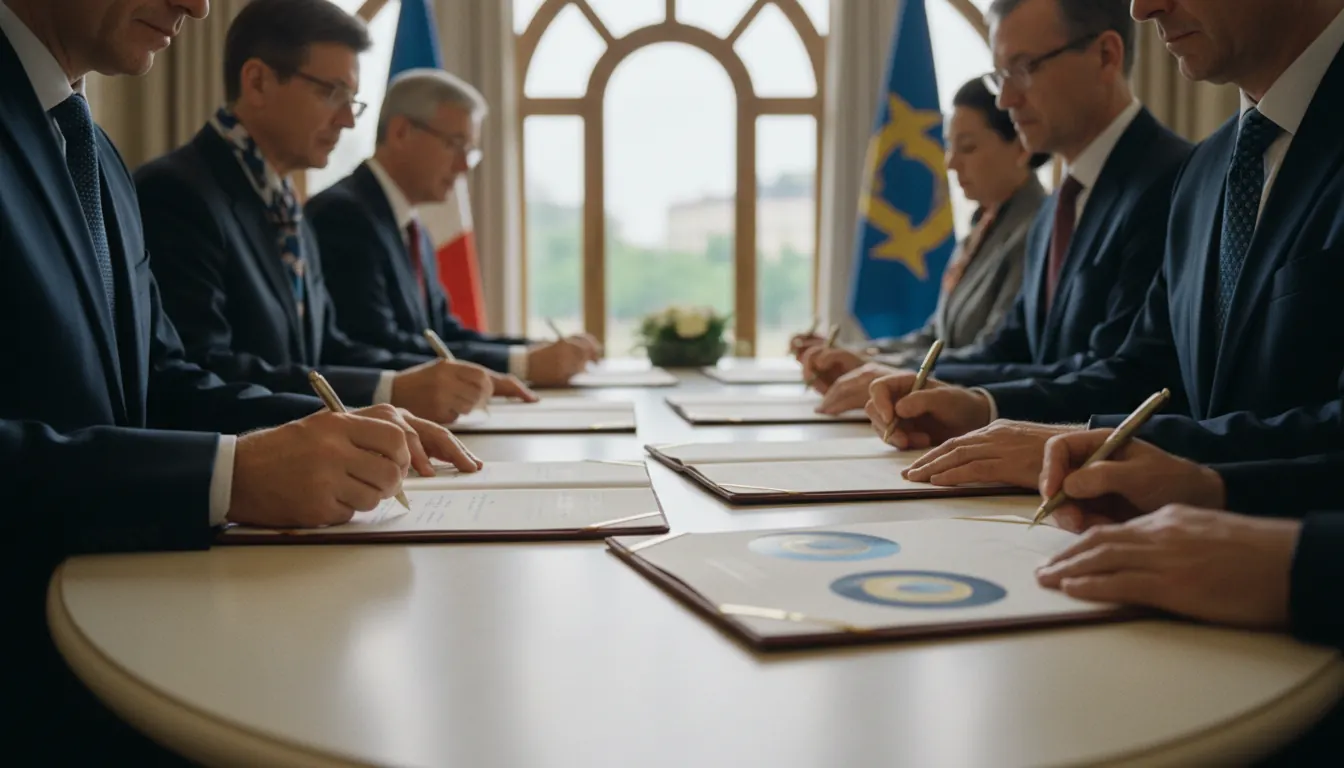 Government representatives from multiple countries signing international child protection legislation agreements at formal diplomatic ceremony